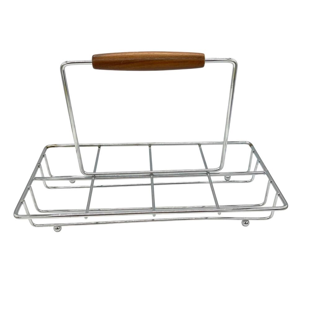 Vintage MCM Mid-Century Modern Caddy Drink Carrier Chrome Frame Wood Handle